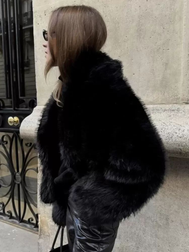 Faux Fur Coats Black Raised Waist Long Sleeves Faux Fur Jacket Winter Coat